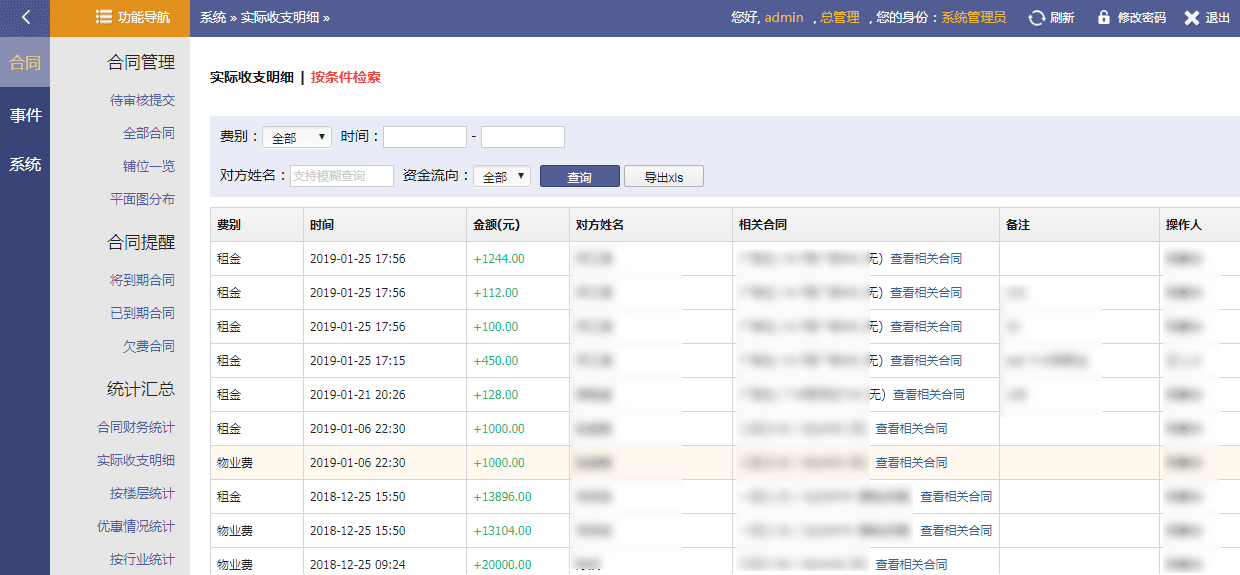 实际收入/支出明细